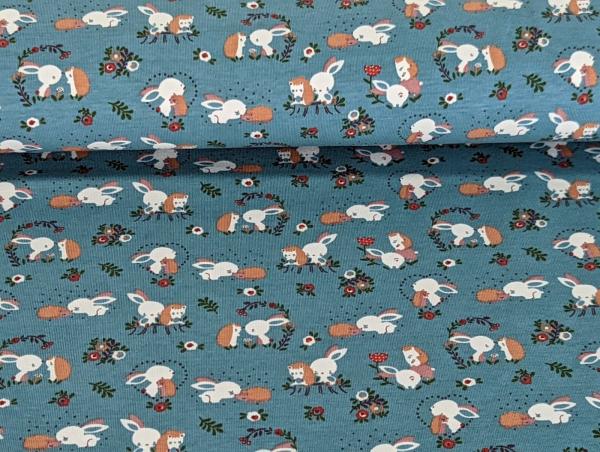 Baumwolljersey Sweet Hase mit Igel auf Dusty Blue